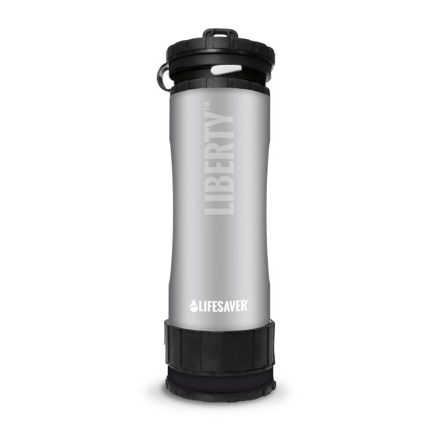 Load image into Gallery viewer, Silver water bottle with black lid and &#39;Lifesaver&#39; branding on a white background

