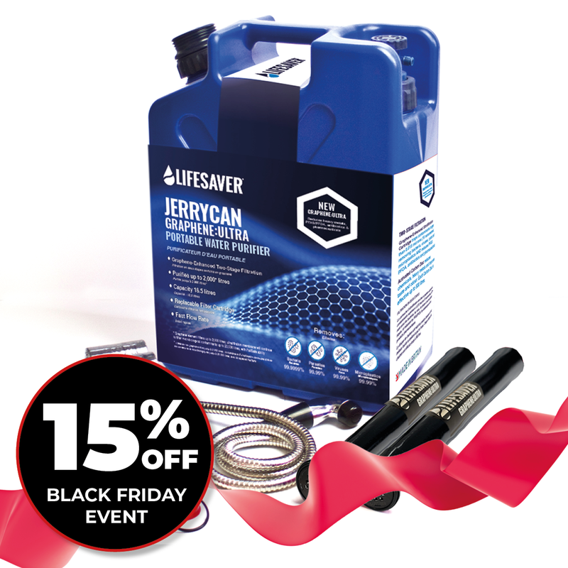 Load image into Gallery viewer, Lifesaver JerryCan Graphene Ultra water purifier with accessories on a white background, featuring a Black Friday discount offer.
