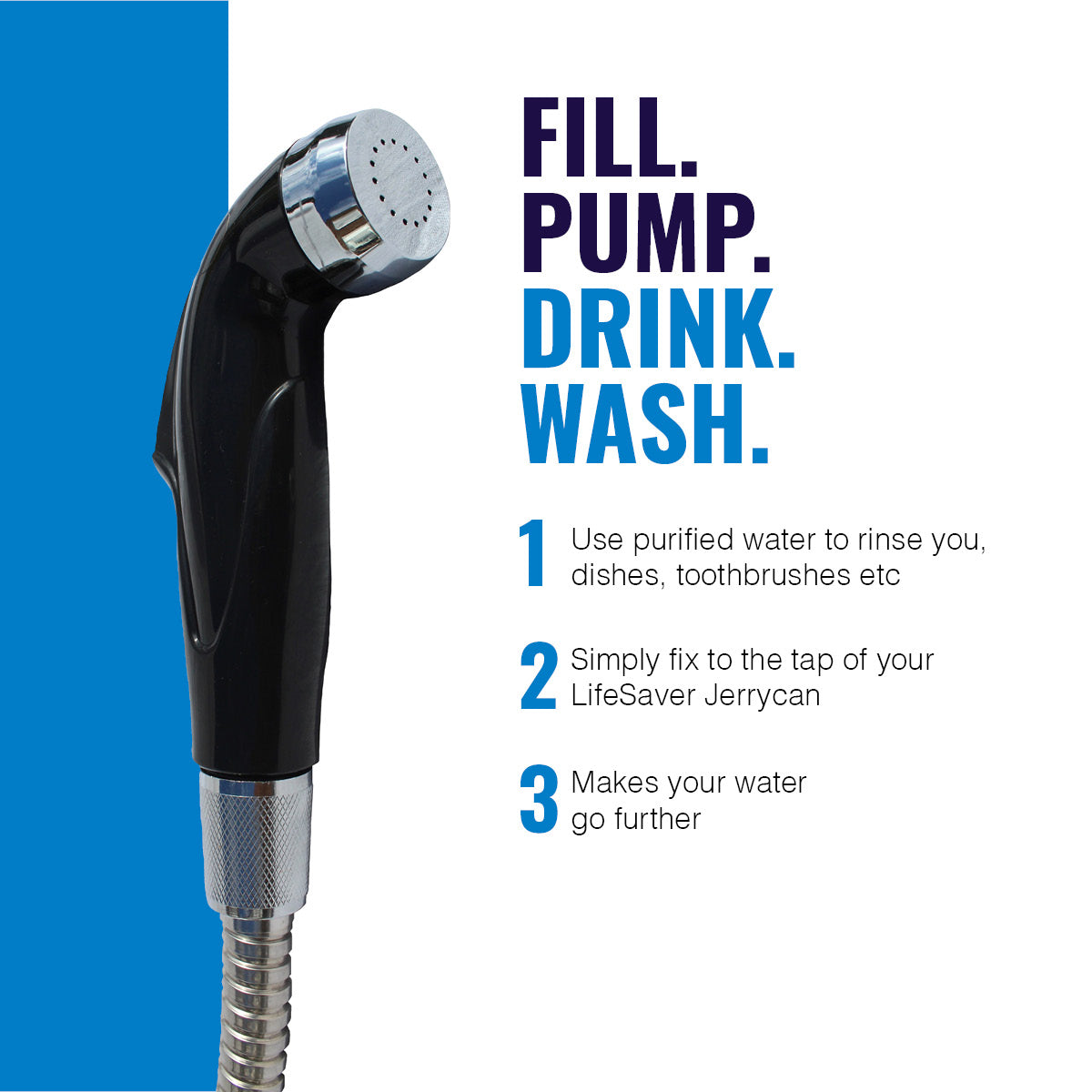 Handheld shower head with instructions on how to use it, featuring a blue and white background.