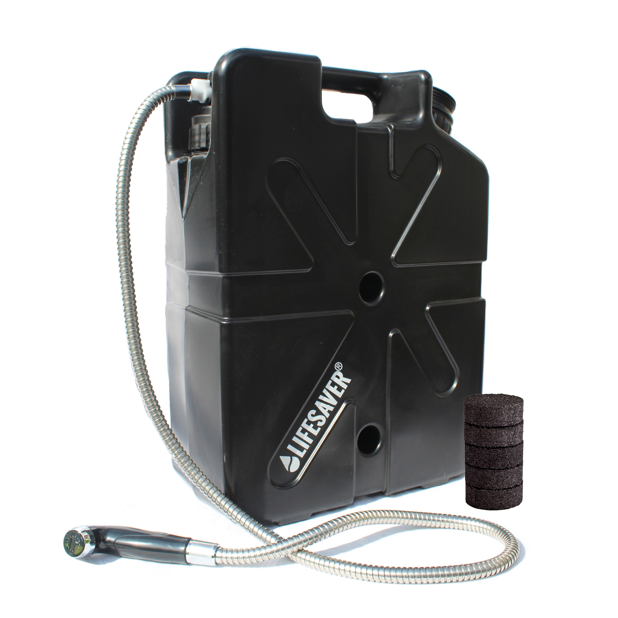 Black water filter with hose and filter on a white background