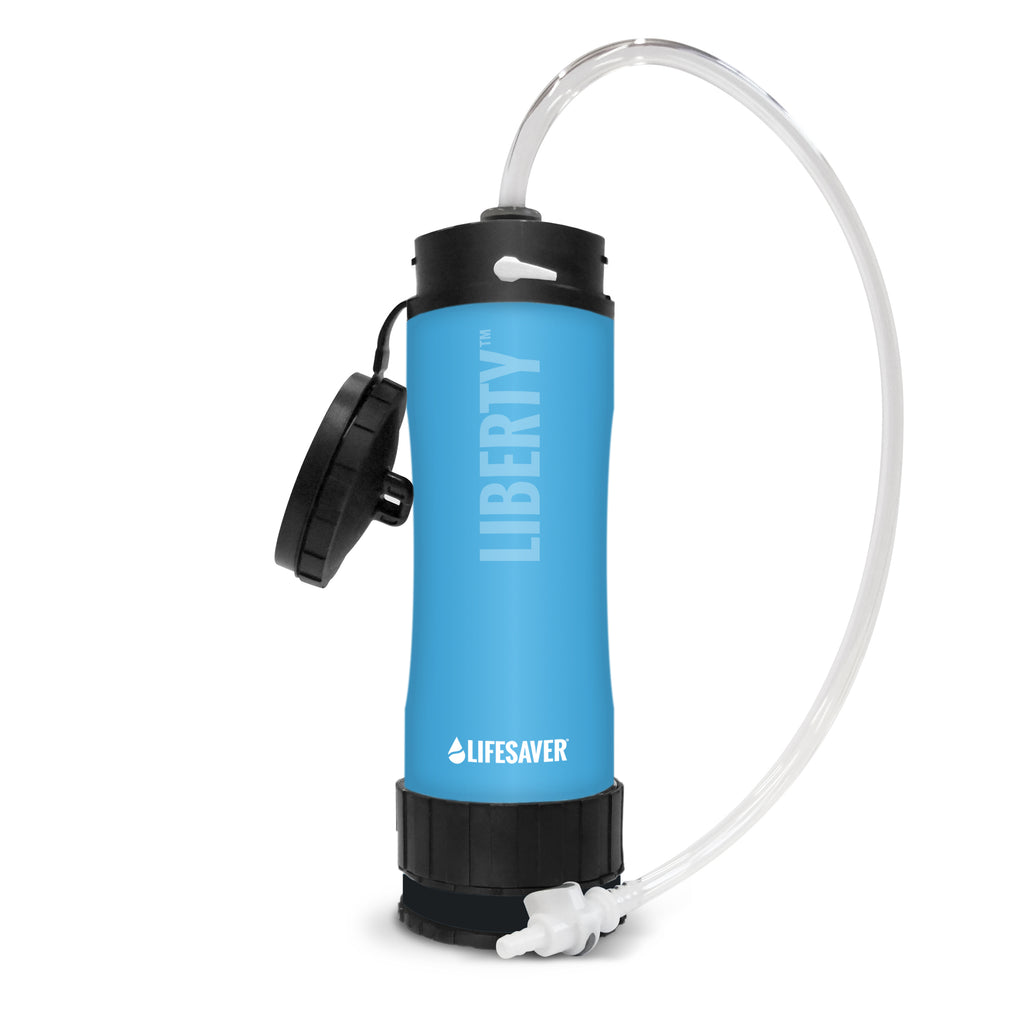Blue Liberty LifeSaver water filter with hydration bladder connector on a white background