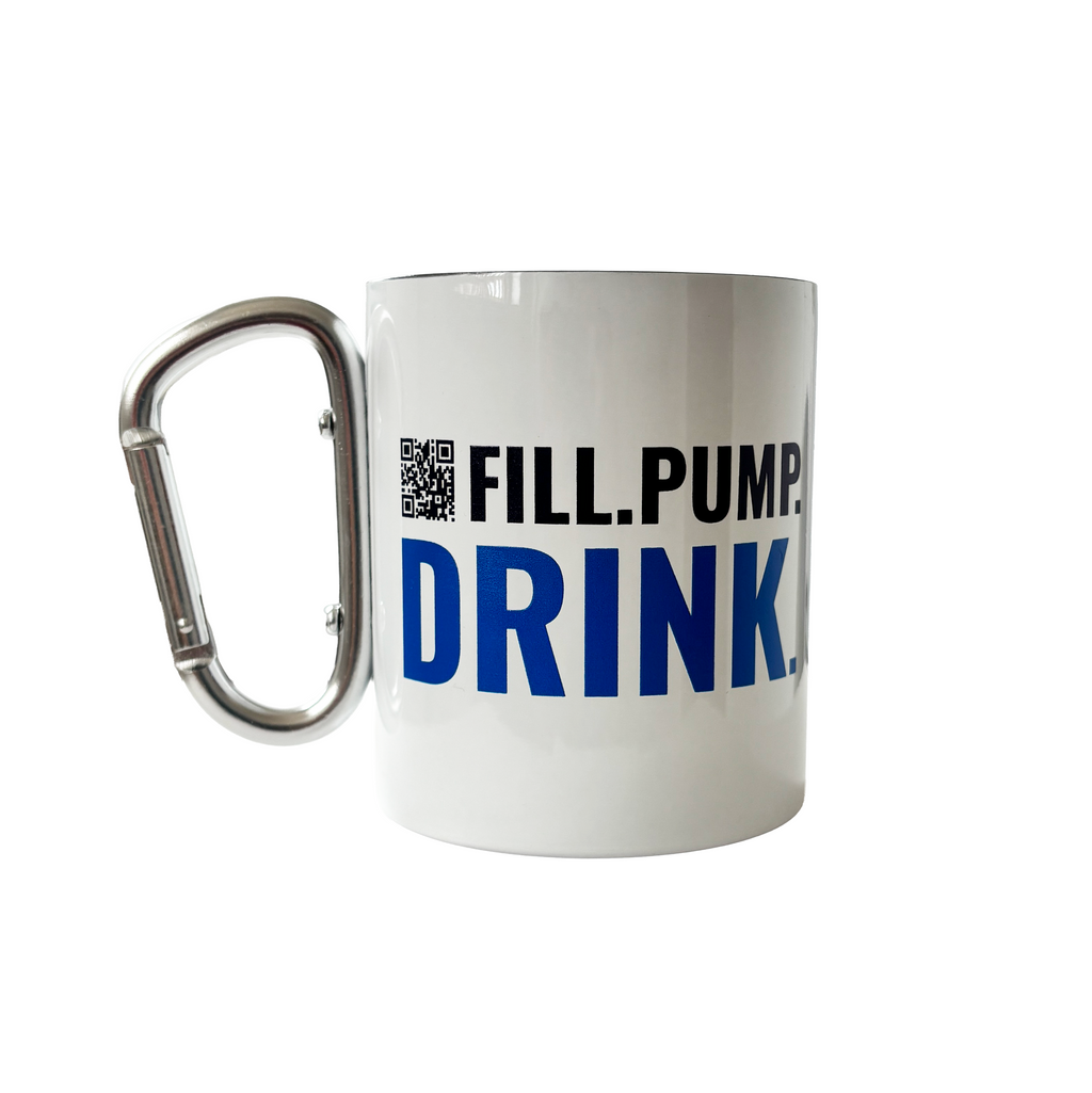 White mug with carabiner handle featuring 'Fill. Pump. Drink.' text on a white background