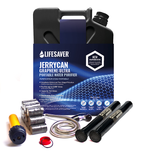 Lifesaver Jerrycan Graphene-Ultra portable water purifier kit with a black plastic jerrycan, blue branded packaging, filter cartridges, two black pen-style dosing pens, a hose, and a yellow-and-blue cap on a white background.